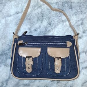 Casual Blue and Tan Shoulder Bag with Utilitarian Design